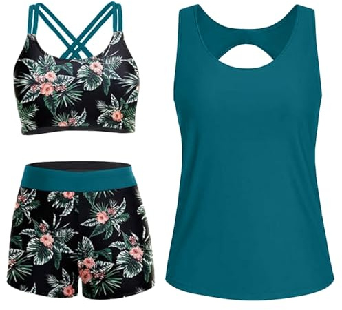 CheChury Tankini-set för kvinnor, 3 delar, atletiska badkläder, racerback topp, sport-bh och badshorts med fickor, baddräkt blygsamma tankini-set Storbritannien
