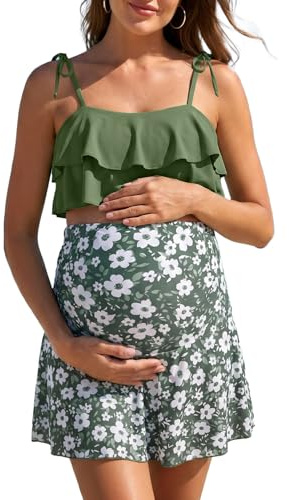 SHEKINI Conjunto de bikini de maternidad, traje de baño Ruffle para embarazo, correas para los hombros, traje de baño de dos piezas, bikini de maternidad, elegante, Olive Flower, XXL