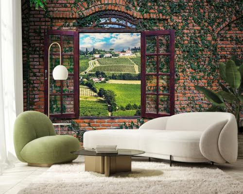 Fotomural - papel tapiz con efecto 3D, vista de ventana, pared de ladrillo, paisaje de la Toscana, decoración de pared moderna para sala de estar, dormitorio, habitación infantil, motivo, 200cmx140cm