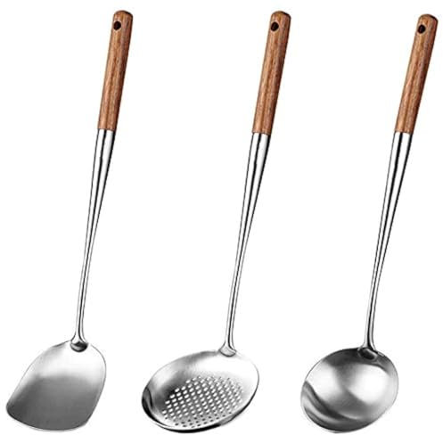 Wobekuy Wok Spatula and Ladle Set, 17 Inch Stainless Steel Skimmer Ladle Tool