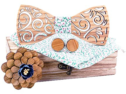 HZQIFEI Noeud Papillon Bois, Ensemble 4 Pièces Noeud Papillon en Bois + Boutons de manchette + Broche + Carré de Poche, Accessoire Mode (Style#24)