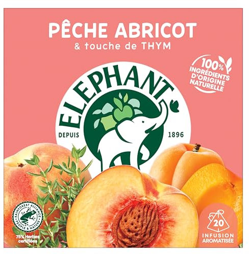 Elephant, Infusion Aromatisée, Goût Pêche, Abricot et Thym, Certifié Rainforest Alliance, Ingrédients d'Origine 100% Naturelle, 20 Sachets Pyramid