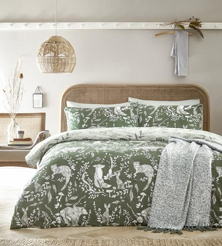 furn. Buckthorn Duvet Cover Set (Green - Double) | Reversible nature inspired woodland animal print in soft polycotton