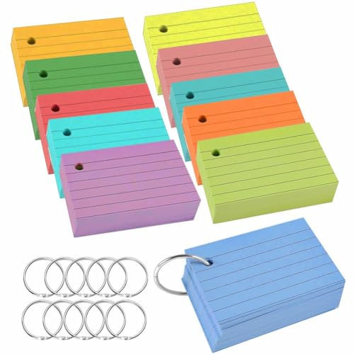 WAVATA 1000 Stück Karteikarten A8, 10 Farben Linierte Karteikarten mit ring, 150g/m² Lernkarten Bunt für Büro, Schule, Zuhause, Lernen Notizen