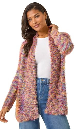 Roman Originals Fluffy Longline Cosy Cardigan for Women UK - Ladies Autumn Everyday Winter Holiday Pull-On Long Sleeves Comfy Soft Vacation Work - Purple Yellow - Size 14