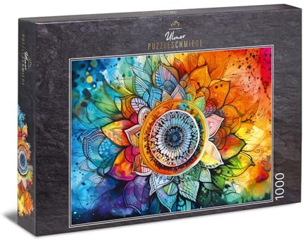 Ulmer Puzzleschmiede - 1000 Teile Puzzle Regenbogen-Mandala - Farbenreiches Mandala-Motiv - vergleichsweise einfaches Mandala-Puzzle durch hohe Formen- und Farb-Vielfalt - Qualität Made in Germany