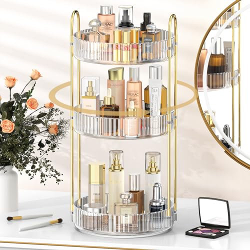 MOKANI Make Up Kosmetik Organizer, 360° Dreh Schmink Organizer, 3 Ebenen, Multifunctional Makeup Skincare Aufbewahrungssystem für Schminktisch, Badezimmer, Schlafzimmer, Transparent