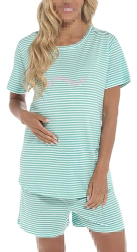A2Z Conjunto de pijama de maternidad para mujer, necesita más sueño, a rayas, 100% algodón, conjunto de pijama de manga corta para embarazo, pijama para mujer, verde menta, 8-10