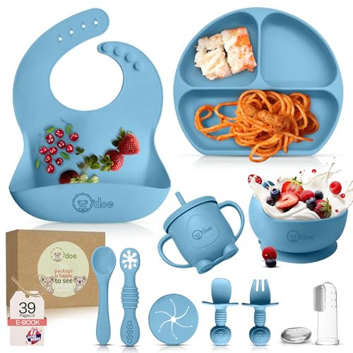 O'doe 11-teilig Baby LED-Entwöhnungszubehör für Kleinkinder, Babyfütterungsset | Saugnapf-Silikon-Babyschale, selbstverzehrende Utensilien mit Löffeln, Tassen, Lätzchen, Essteller-Set mit | Blau, V1