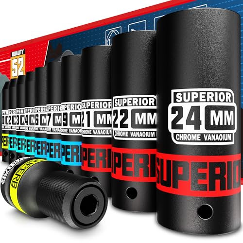 KIRXST Juego de 11 Piezas Vasos de Impacto 1/2'', 10-24 mm Llaves de Vasos Impacto Set con Adaptadore 1/2 a 1/4, Dados de Impacto Para Muebles, Auto Reparación