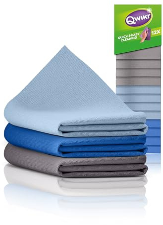 Qwikr Paños de microfibra para cocina, 12 unidades, color gris, azul claro, azul, paños de limpieza, paquete de ventaja, 21 x 21 cm, ideal para grandes tareas, paños de microfibra, lavables a 60