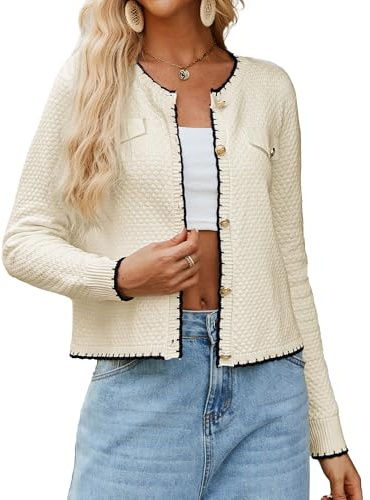 GRACE KARIN Women's Button Cardigan Long Sleeve Crew Neck Contrast Color Knitwear Fall Autumn Sweater Cardigans Beige S