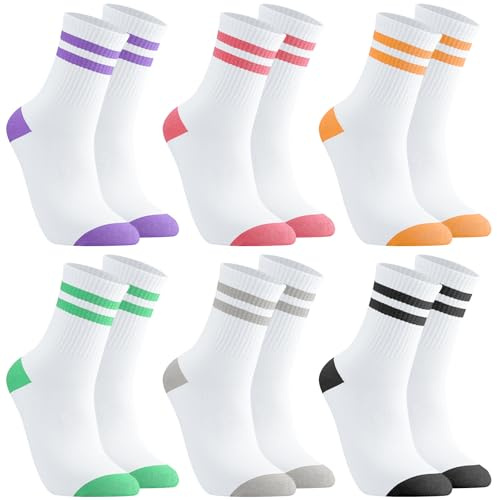 Utensilsto 6 Paare Tennissocken Damen 38-42 Sportsocken Baumwollsocken Bunt Retro Tennis Sport Socken mit Streifen Motiv Crew Socks für Tennis Sport Lauf
