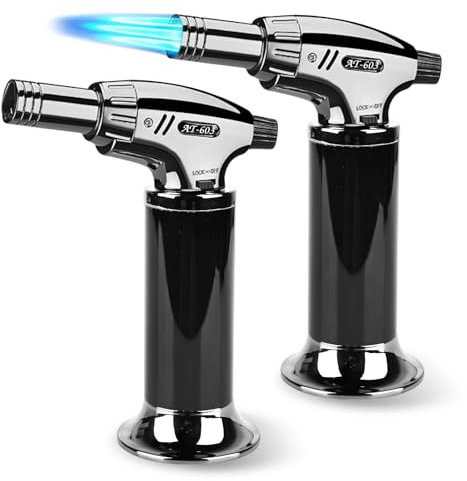 2 Stück Sturmfeuerzeug mit 3 Jetflammen, Nachfüllbares Feuerzeug, Flambierbrenner, Gasfeuerzeug aus Metall, Küchenbrenner, Küche Fackel Feuerzeug für Desserts, BBQ, Küche, Backen(Kein Butangas)