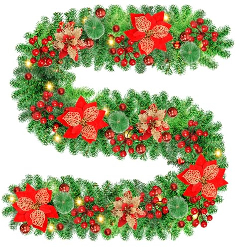 Guirlande Noël, 2,7 m Decoration Noël Guirlande Sapin Artificiel avec Lumières LED, Fleurs, Boules, Baies Rouges, Christmas Decorations Interieur Maison Porte d'entrée/Cheminée/Escalier/Fenêtre/Arche
