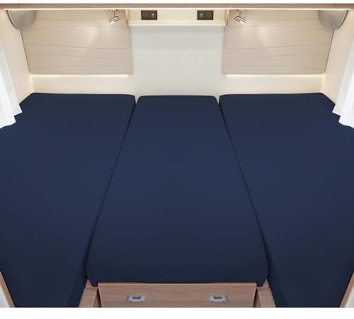 G BETTWARENSHOP – Spannbettlaken für Wohnmobile & Wohnwagen – Spannbetttuch Set 3-teilig für 2 Längsbetten + Mittelteil – Jersey Bettlaken für Heckbetten 2 Längsbetten + Mittelteil, dunkelblau