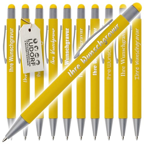#teamludorf GRIP Kugelschreiber mit Touchfunktion – 50er Set Kullis mit Gravur | Personalisierter Kulli gummiert | Stift mit Gravur mit blauer Mine (GELB, 50)