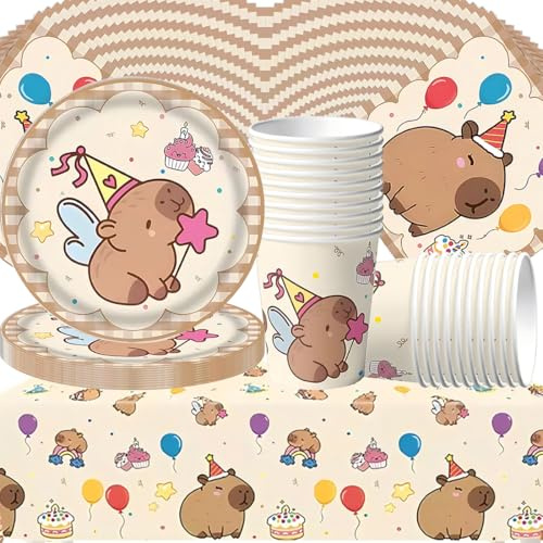 Doyomtoy Capybara Serve - Juego de vajilla para fiesta de cumpleaños para 20 invitados, mantel de fiesta, platos, tazas, servilletas para accesorios de fiesta de cumpleaños