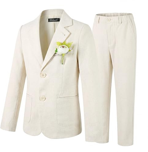 LOLANTA 2PCS Traje de Lino Boda Niño, Conjunto de Blazer y Pantalón Lino para PAJE Niños, Ropa de Bautizo Ceremonia Fiesta, Beige, 5-6 años, 120