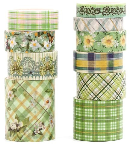 Songdao 10 rullar vintage blommor Washi Tape set dekorativa maskeringstejp skotskrutigt tyg tejp färgglada för konst, gör-det-själv-hantverk, dagbok, planerare, scrapbook, förpackning (grön trädgård)