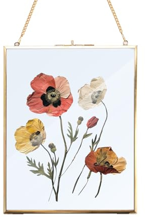 Homtone 25 x 20 cm glasram för vägg, svävande displayram, hängande glasfotoram, ren koppar press glasram för blommor mönster växter, foto gör-det-själv konstverk