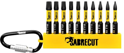 10 x SabreCut SCRK002 50mm Torx Tamper Proof Security T7 T8 T9 T10 T15 T20 T25 T27 T30 T40 Magnetic Impact Screwdriver Driver Bits with Carabiner Clip Storage Sleeve Single Ended Heavy Duty