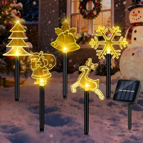 FENYW Lot de 5 lumières d'extérieur de jardin, lumières de Noël d'extérieur, lumières de Noël à LED, cloches, élan, Père Noël, arbre de Noël, flocon de neige pour extérieur, jardin (blanc chaud)