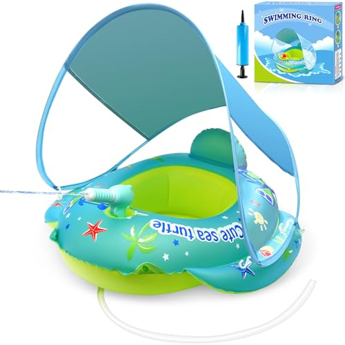 ZPQAODI Anello da nuoto per bambini, Ciambella da nuoto per bambini, sedile di sicurezza con pistola ad acqua e tettuccio parasole, Salvagente Bambino per Piscina per bambini da 1 a 4 anni