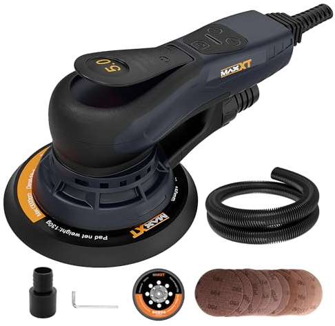 MAXXT Exenterschleifmaschine 150 mm, bürstenlos, mit Dreikernanschluss, 5,0 mm Exzenterhub, automatische Bremse (2 s), 6 einstellbare Geschwindigkeiten, inklusive 10 Schleifpapieren und 5 m Kabel