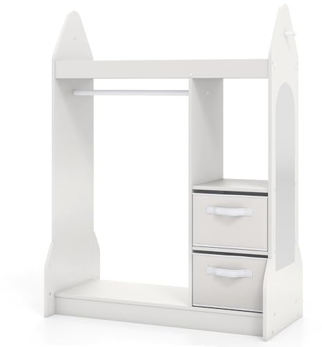 SFAREST Kids Dress up Storage, Wooden Toddler Wardrobe with Mirror, Clothes Rail, 2 Fabric Boxes and Shelves, Children Clothes Storage Organizer for Girls Boys Bedroom (White)