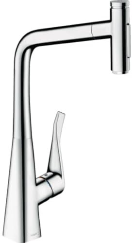 hansgrohe Küchenarmatur Metris Select mit Schlauchbox (Wasserhahn Küche 110°oder 150° schwenkbar, hoher Komfort Auslauf 320mm mit ausziehbarer Brause, 2 Strahlarten und sBox, Standardanschlüsse) Chrom