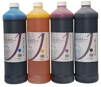 inchiostro ink-j 4 flaconi da 1 litro per canon G tank-epson ecotank-hp smart tank brother gankecotank,bk-m-y-c, pulisce gli ugelli in fase di stampa. Non secca le testine. Made in Italy