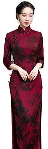 SHACE Cheongsam Manga Larga para Mujer - Otoño Estilo Chino Mujeres Tradicional Cheongsam Elegante Fiesta De Manga Larga Qipao Vintage Plus Size Vestido, Rojo, XL