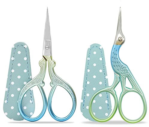 Stickerei Schere Kleine, 2PCS Edelstahl Handwerk Schere zum Nähen Gewinde Nadelarbeit Handwerk Trimmen mit gefälschter Leder Schere Abdeckung (Blau)