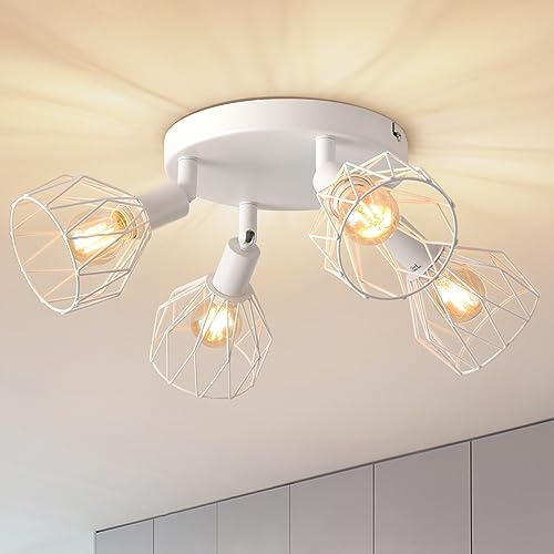 ANWIO Plafonnier Spots, 4 Spots de Plafond Led Intérieurs Base E14, Spots de Plafond Blancs avec Base Ronde, Plafonnier Pivotant LED Plafonnier (Sans Ampoules) EUC-EA