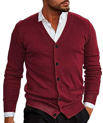 Suéter tipo cárdigan ligero para hombre, elegante, casual, suave, acogedor, cuello en V, botones, suéter de punto ajustado, manga larga, térmico, capa base con bolsillos, rosso, XL