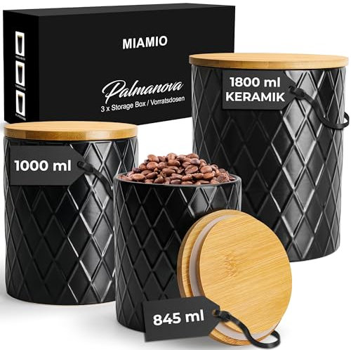 MIAMIO - Set von 3 Vorratsdosen Set Keramik mit luftdichtem Deckel aus Holz, Keramikdose, Aufbewahrungsdose - Palmanova Kollektion (Schwarz)