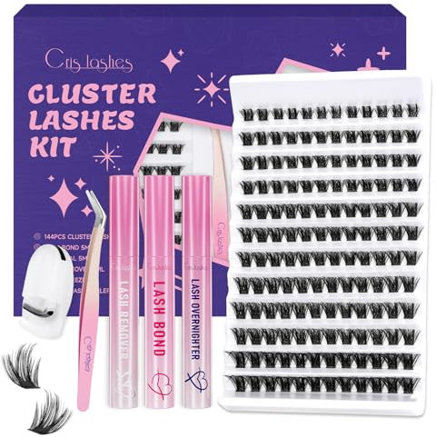 Crislashes Wimpern-Extensions-Set 144pcs Wimpern Clusters Mix10-18mm D Curl Wimpern Einzeln, Wimpern-Set Wimpern Extensions Fluffy mit Wimpernkleber Wimpernentferner Pinzette (6pcs Kit)