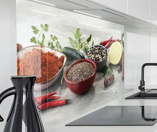 timalo Spritzschutz Wand für Küche, Herd Küchenrückwand Glasoptik | Acryl Glas 2mm | Glasrückwand Acrylglas Wandpaneele Rückwandschutz Platte | 60x40cm Gewürze Zitrone Peperoni