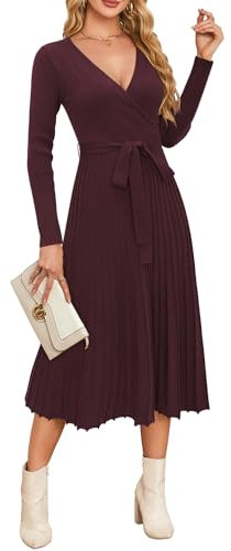 Newshows Strickkleid Damen Winter Herbst Langarm V-Ausschnitt Winterkleid A-Linie Elegantes Pulloverkleid