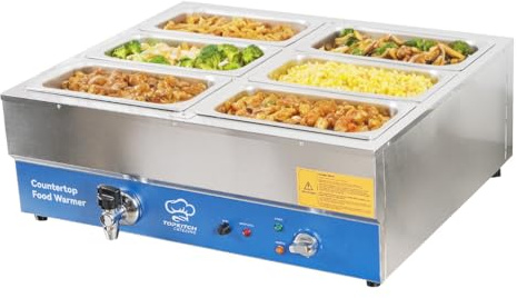 TOPKITCH ETL Listed 6 Pan Commercial Food Warmer, Electric Bain Marie Countertop Stainless Steel Buffet Steam Table for Catering and Restaurants(6×1/3 GN Pan,120V/1700W)