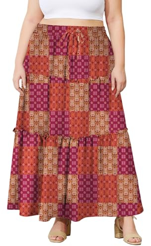 Moon Wood Falda Boho Larga Mujer Elástica Cintura Alta Falda de Capas Maxi A Línea de Verano con Bolsillos Tallas Grandes Estampado 05 XXL