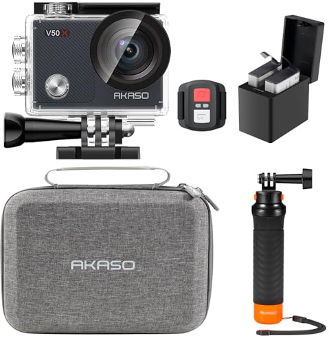 AKASO Pack de Buceo V50 X Cámara Deportiva 4K 20MP WiFi Cámara de Acción para Surf y Buceo, Camara Acuatica Sumergible con Empuñadura Flotante Impermeable, Bolsa de Almacenamiento, 2 baterías