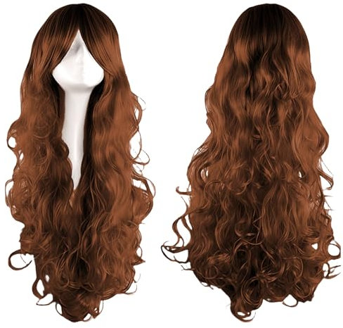 AYNKH 23.6 Inch/60 cm Long Layered Brown With Bangs Straight Synthetic Fiber, Wave Wig for Women, for Cosplay, Party Daily Use