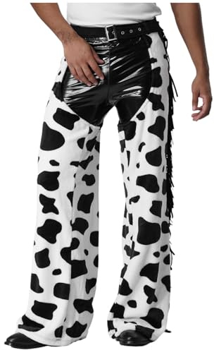 inlzdz Pantalon Flanelle À Imprimé Vache pour Homme Taille Ajustable Entrejambe Creuse Chaps Cowboy Western pour Halloween Noir Blanc XL