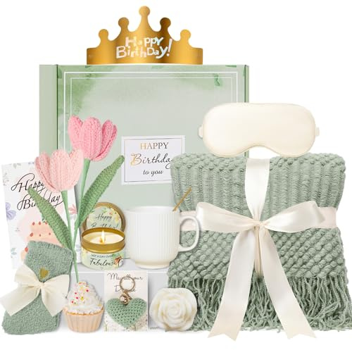 CuriBox Birthday Gifts for Women - 13PCS Unique Happy Birthday Easter Gifts Basket for Mom Her Best Friend Sister Wife Girlfriend Coworker - Relaxing Spa Self Care Package Mothers Day Set (Green)