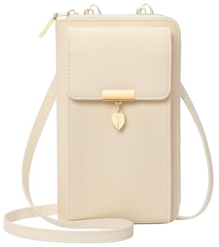 ENONEO Geldbörse Damen Handytasche zum Umhängen Leder PU Damen Umhängetasche Kleine RFID Schutz Handy Geldbeutel Frauen mit 12 Kartenfächer Handy Schultertasche Klein mit Reißverschluss (Beige)