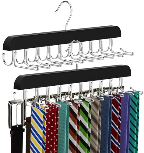 Tie Rack & Belt Hanger 2 in 1 Tie Hanger Space Saving 20 Hooks Hangers for Closet Max 30 Belts with 30 Ties Capacity, Tie Racks Wooden Hangers for Closet Organizer Storage (2, Black)
