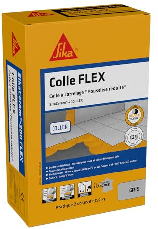 SIKA - Colle à carrelage à double consistance sans poussières - SikaCeram 200 FLEX Gris - Tous types de carreaux (3600cm² max) - Murs et Sols - Intérieur et Extérieur - 5kg