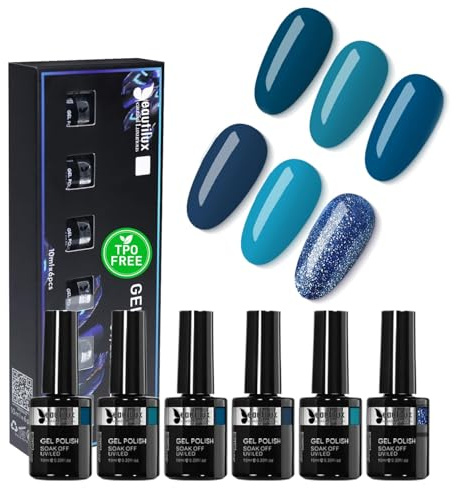 Beautilux HEMA-frei & TPO-frei Halbpermanenter Nagellack | 6 Blaue Töne Soak-Off UV-Gel 10ml – Nagelkunst-Set für Maniküre, Leicht Abnehmbar und Langlebig (YT-04)